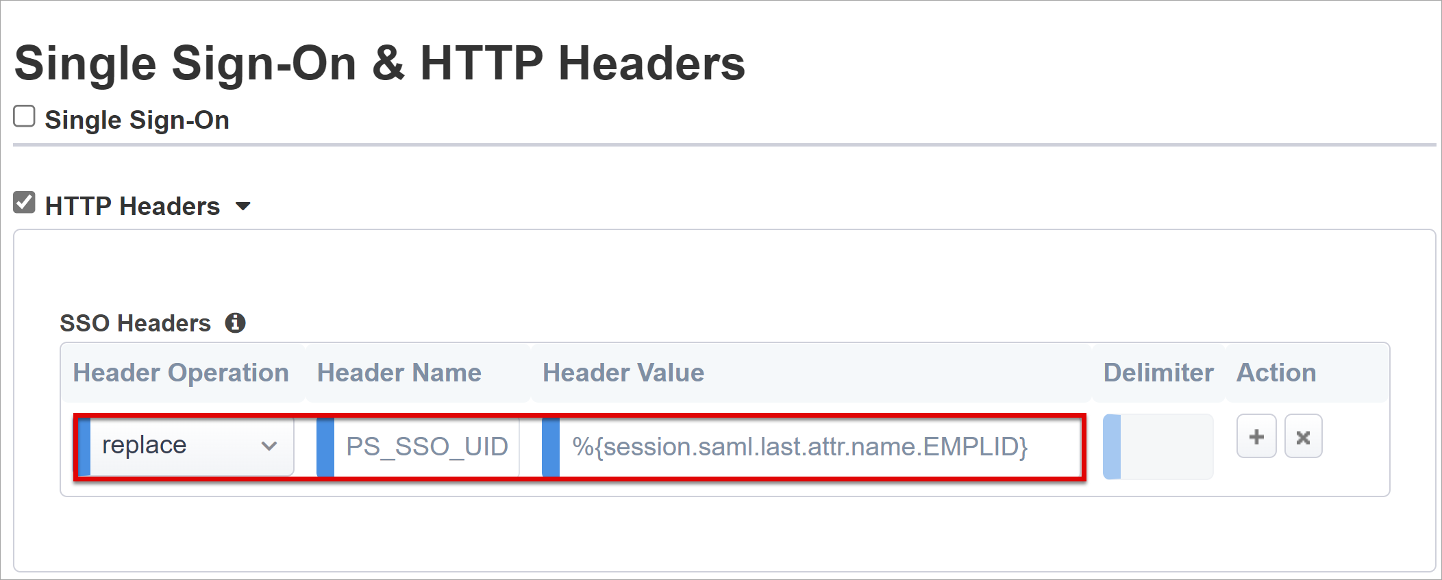 Screenshot of Header Operation, Header Name, and Header value entries under Single sign-On & HTTP Headers.