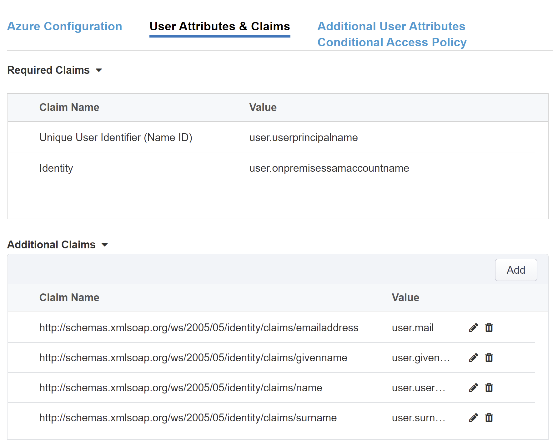 Screenshot of the User Attributes & Claims tab.