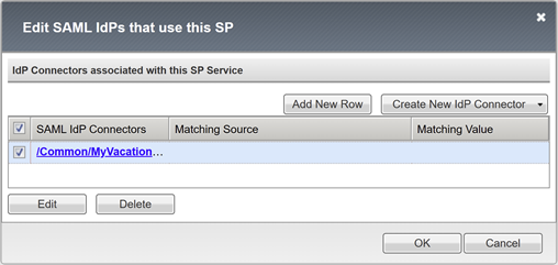 Screenshot of the Edit SAML IdPs that use this SP dialog.