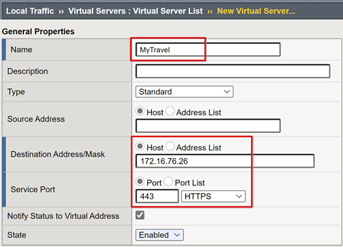 Screenshot of entries for Name, Destination Address Mask, and Service Port.