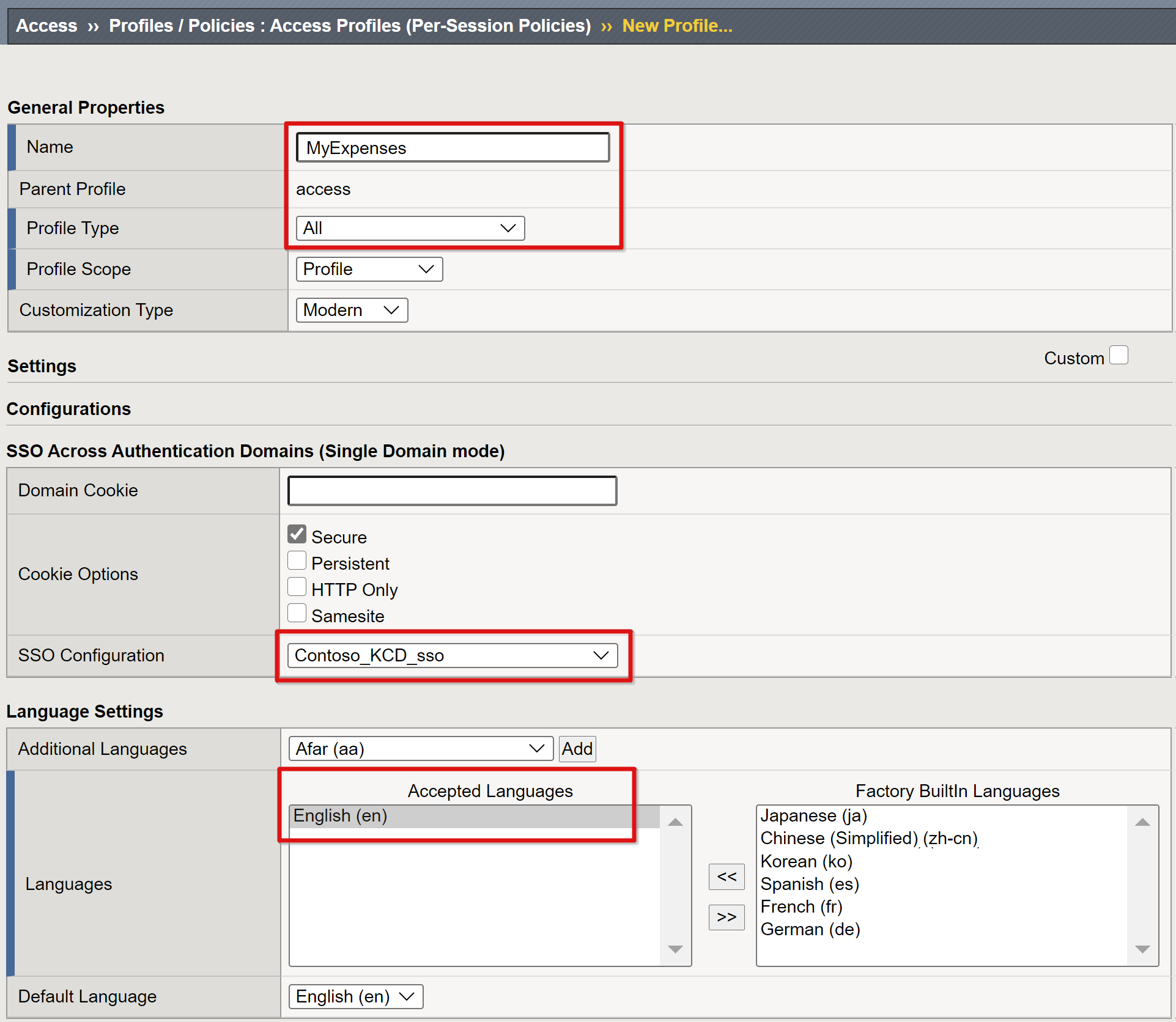 Screenshot of entries for General Properties, SSO Across Authentication Domains, and Language Settings.
