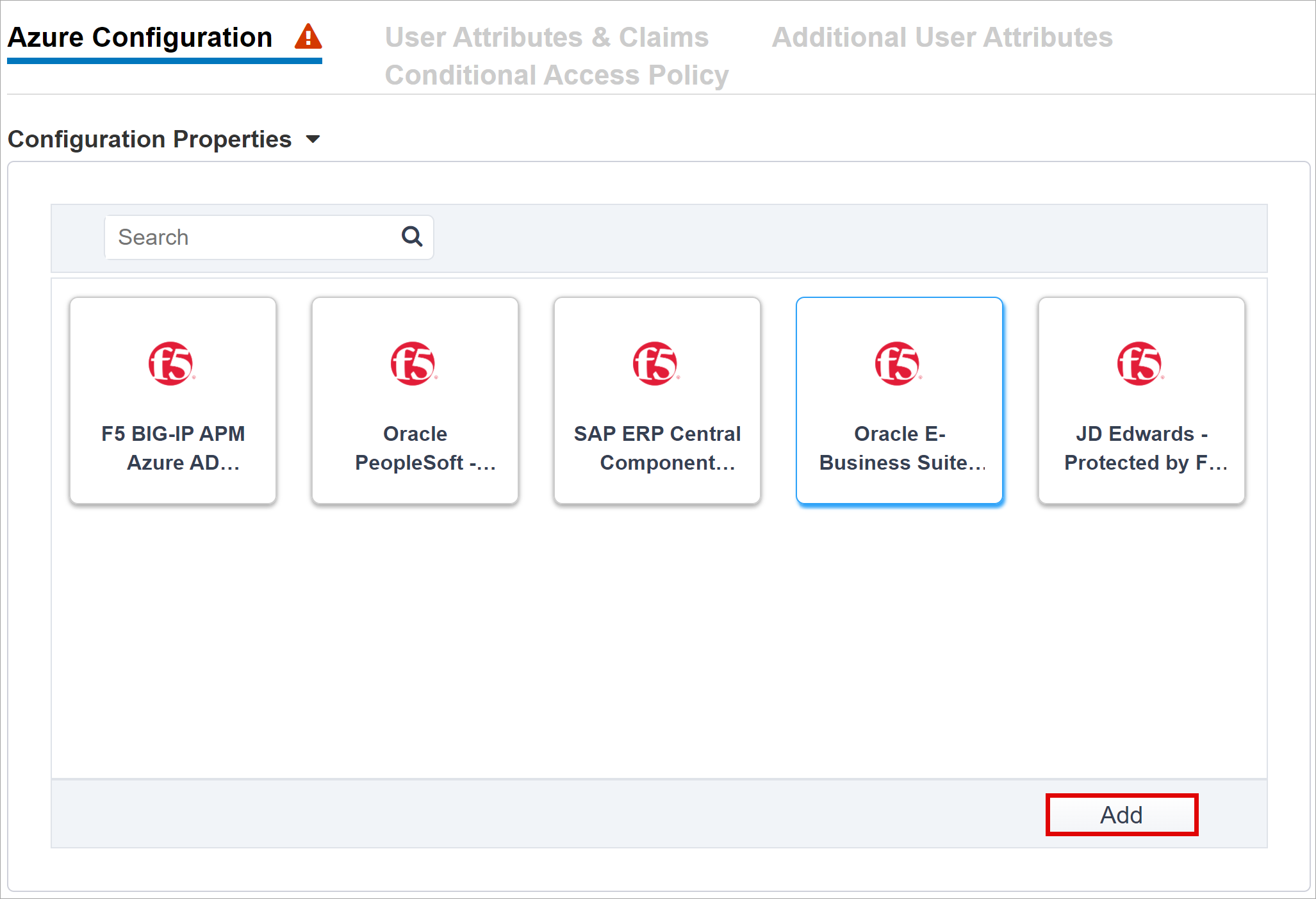 Screenshot of the Oracle E-Business Suite option under Azure Configuration.