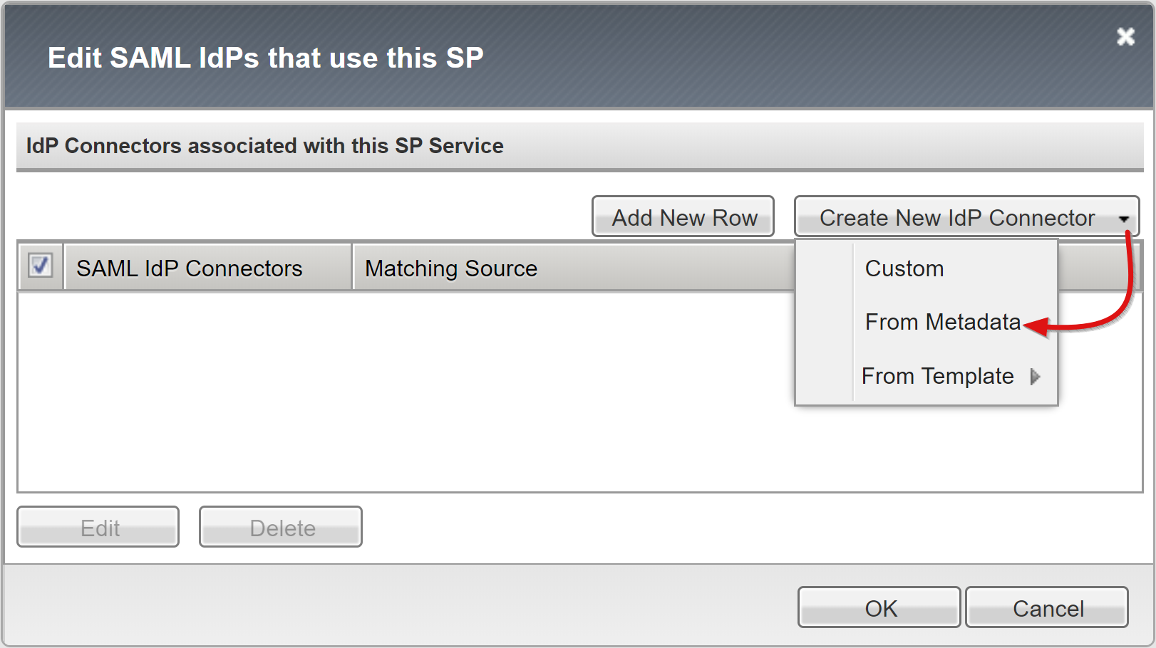Screenshot of the From Metadata option on the Edit SAML IdPs page.