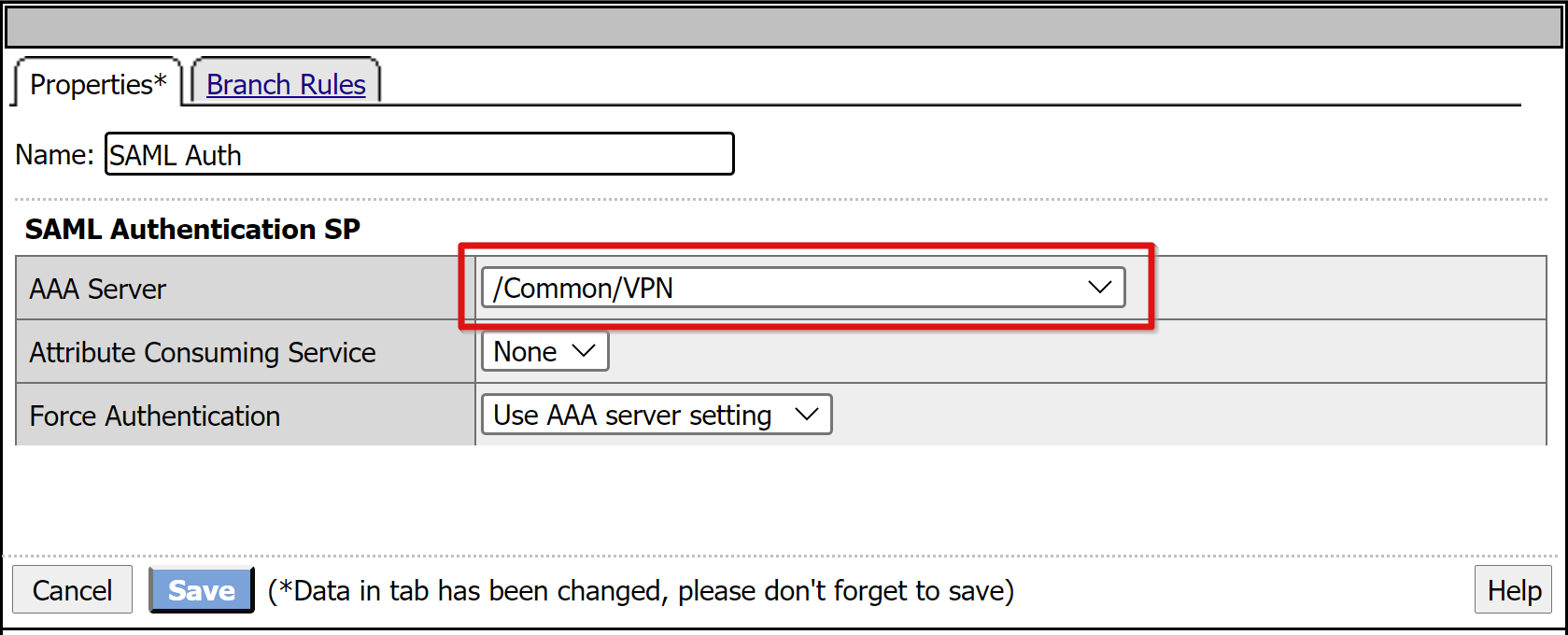 Screenshot of the AAA Server entry under SAML Authentication SP, on the Properties tab.
