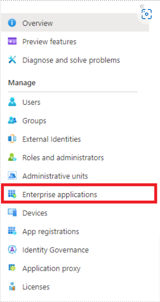 Screenshot of Enterprise Application option inside the Azure portal Navigation.