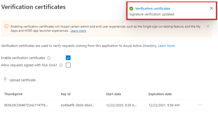 Screenshot of certificate update success in Enterprise Application within the Azure portal.