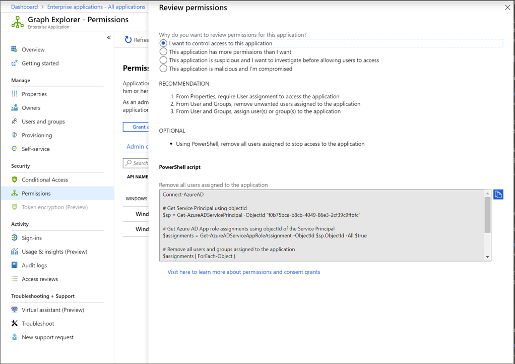 Screenshot of the review permissions window.