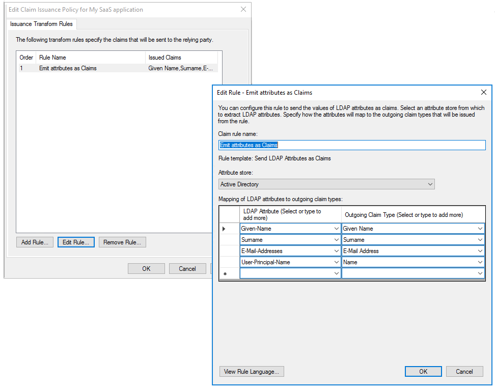 Screenshot shows the Edit Rule dialog box for Emit attributes as Claims.