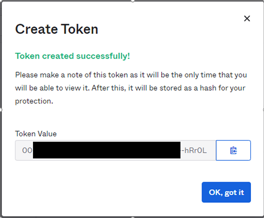 Screenshot of the Token Value field and the OK got it option.
