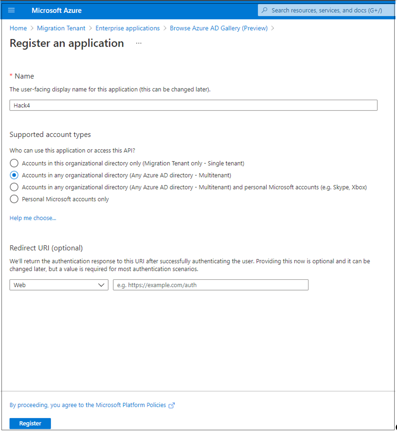 Screenshot of the option for Accounts in any organizational directory (Any Microsoft Entra directory - Multitenant).