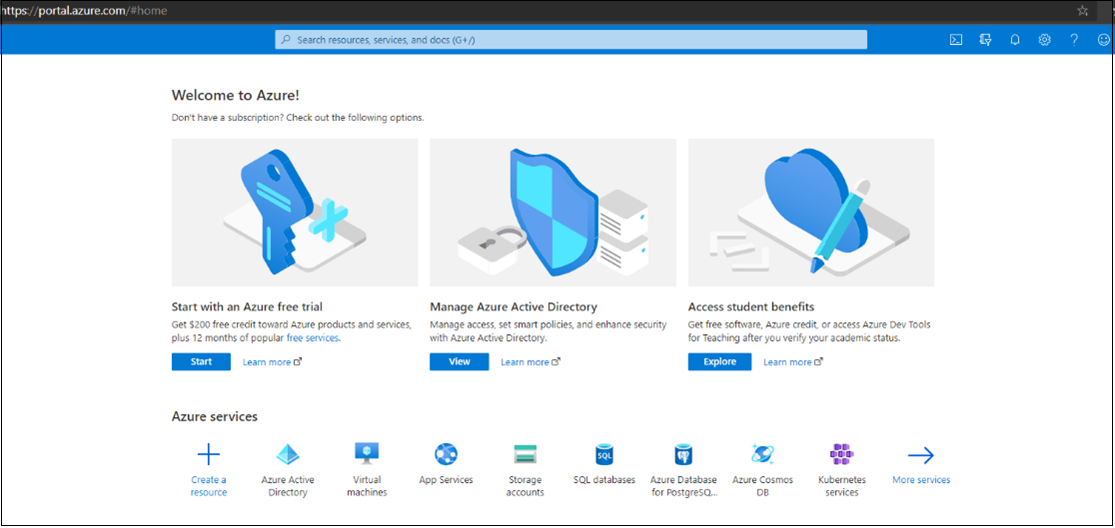 Screenshot that shows the Azure portal. A welcome message is visible.