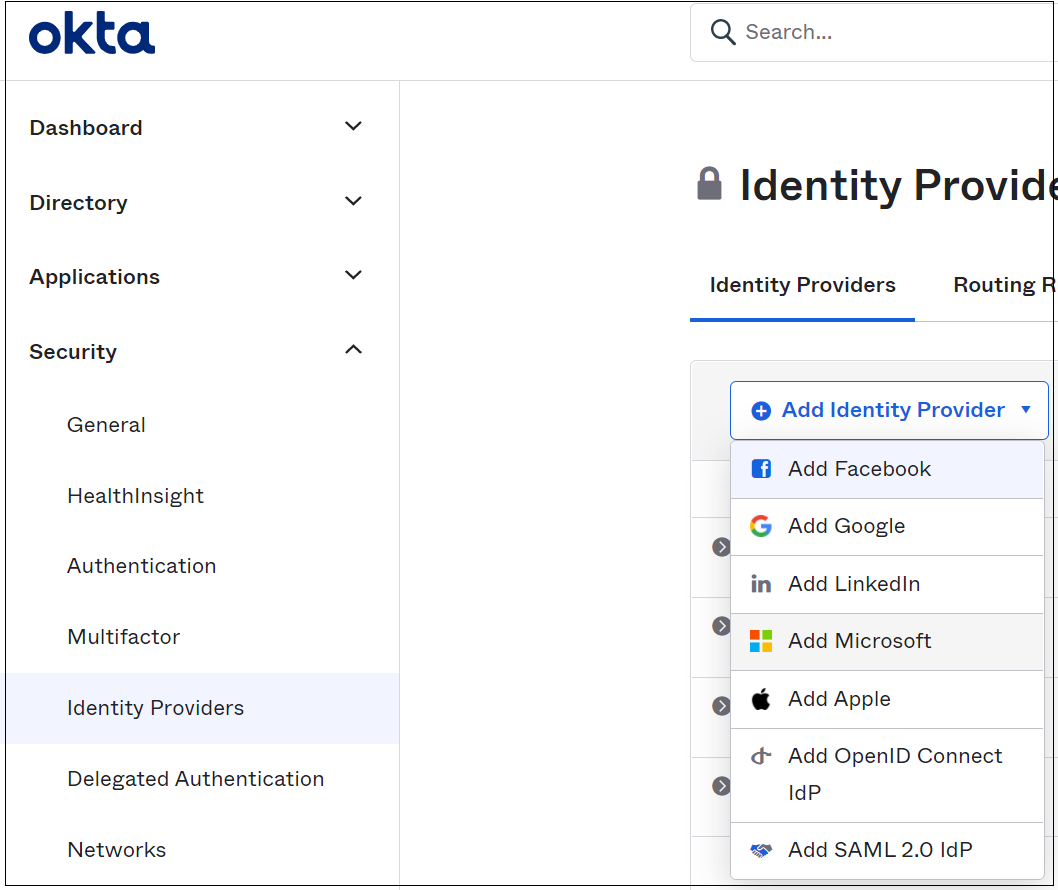 Screenshot of the Okta administration portal. Add Microsoft is visible in the Add Identity Provider list.