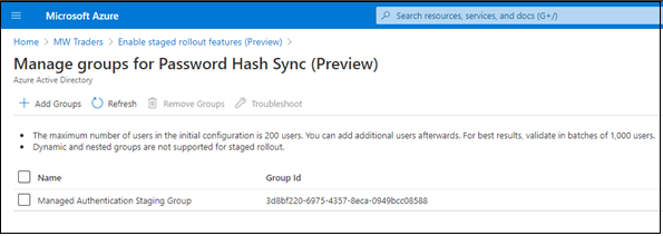 Screenshot of the Manage groups for Password Hash Sync page in the Azure portal. A group is visible in a table.