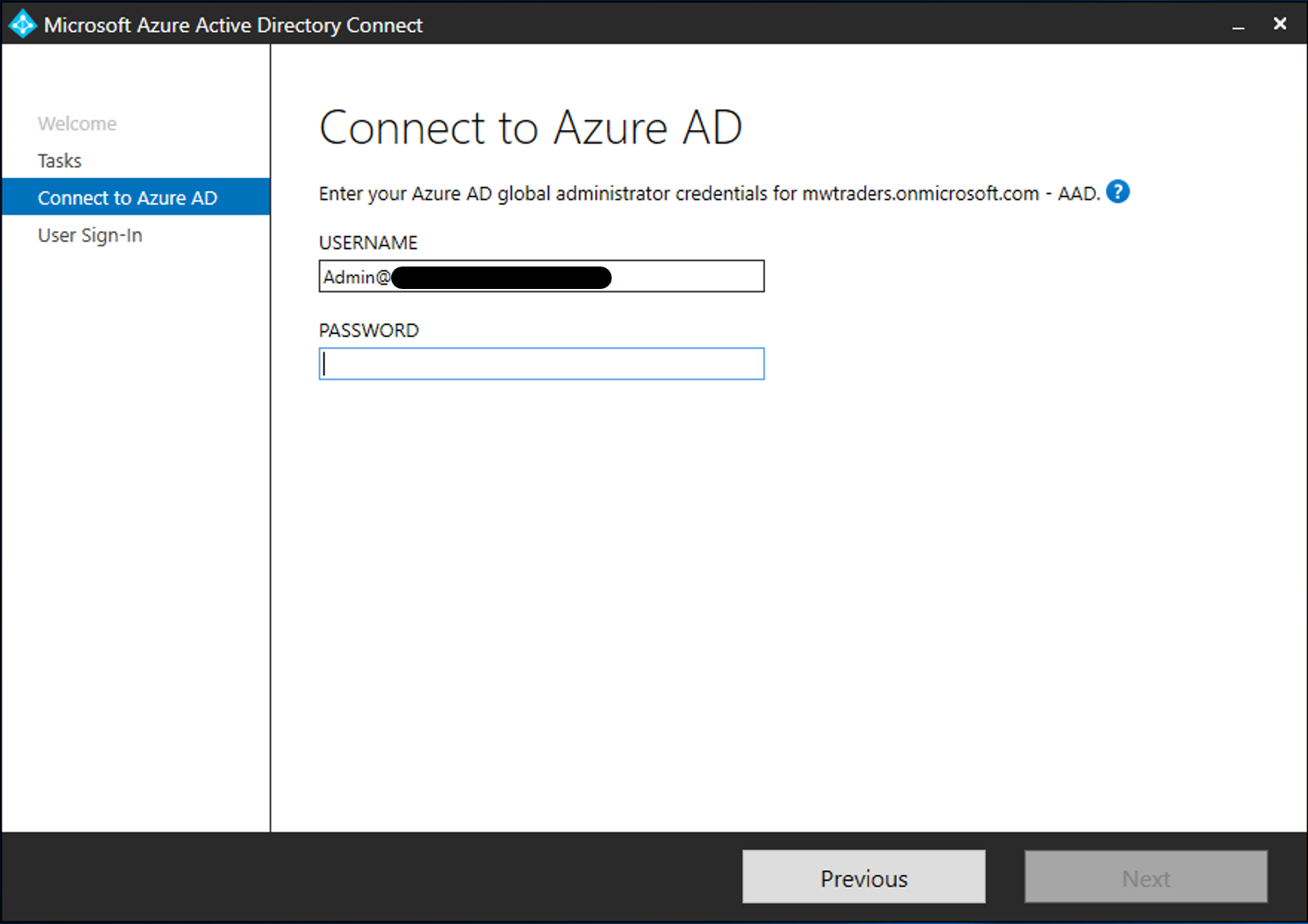 Screenshot of the Azure A D Connect app that shows where to enter Global Administrator credentials.