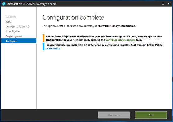 Screenshot of the Azure A D Connect app. A warning about the hybrid Azure A D join is visible. A link for configuring device options is also visible.