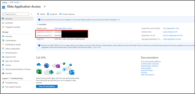 Screenshot that shows the Okta Application Access page in the Azure portal. The tenant I D and application I D are called out.