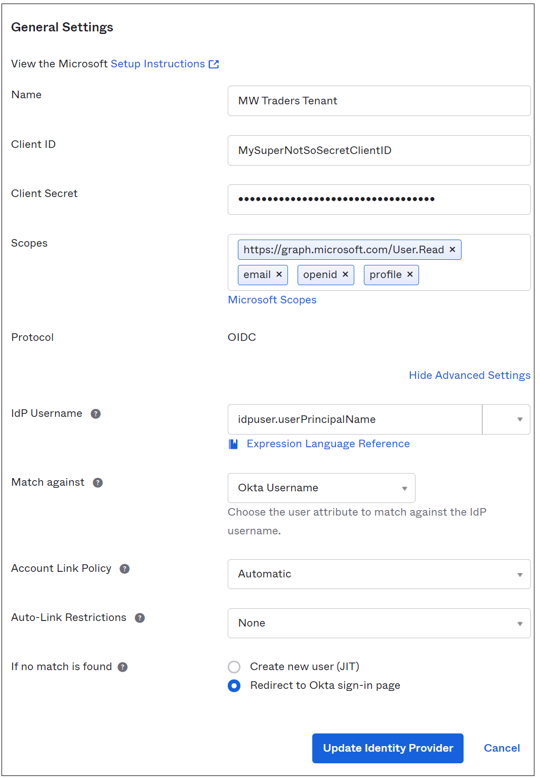 Screenshot of the General Settings page in the Okta admin portal. The option for redirecting to the Okta sign-in page is visible.