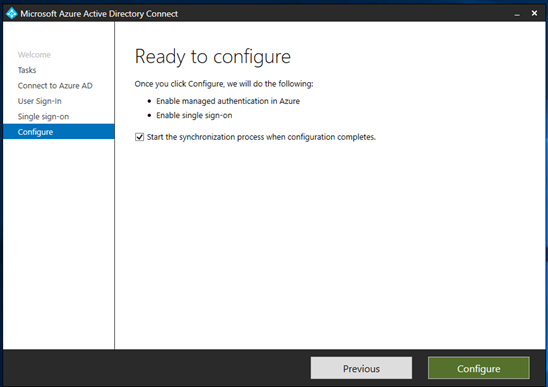 Screenshot of the Ready to configure page of the Azure A D Connect app.
