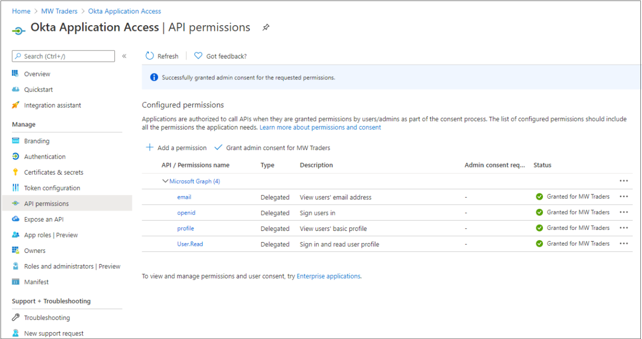 Screenshot of the API permissions page with a message for granted consent.