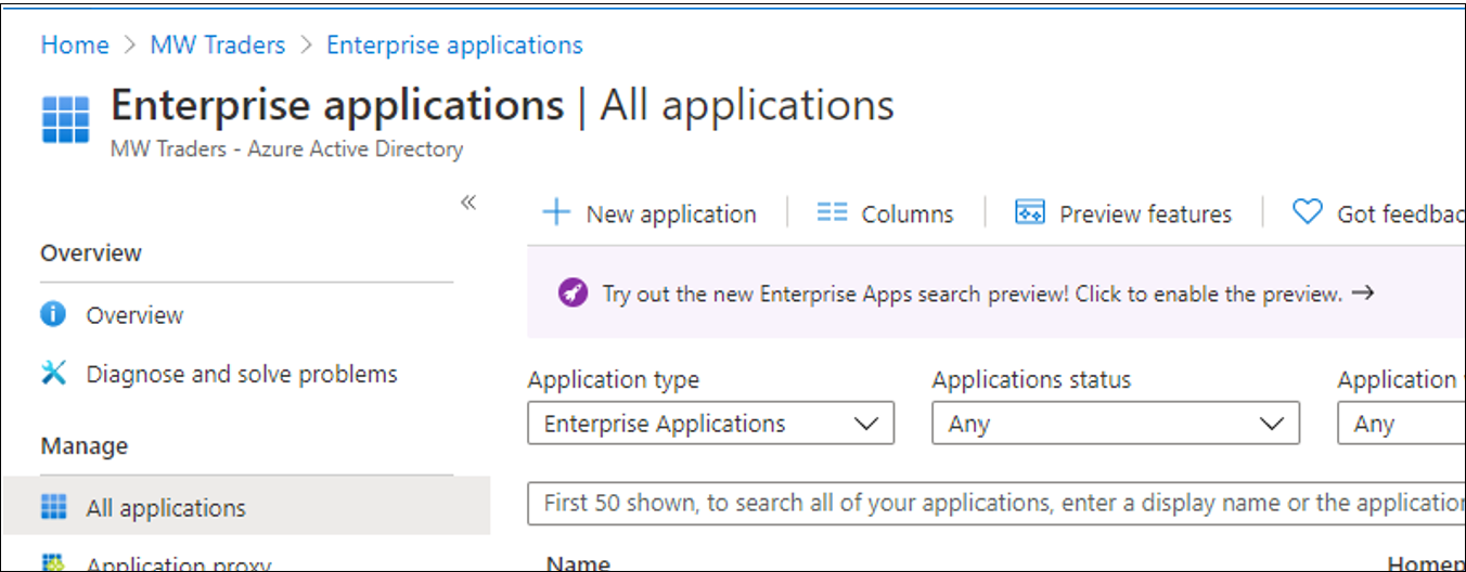 Screenshot that shows the All applications page in the Microsoft Entra admin center. A new application is visible.