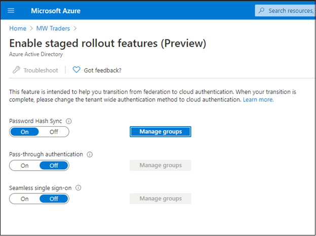 Screenshot of the Enable staged rollout features page in the Microsoft Entra admin center. A Manage groups button appears.