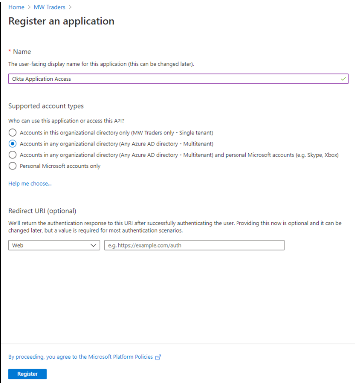 Screenshot of Register an application.