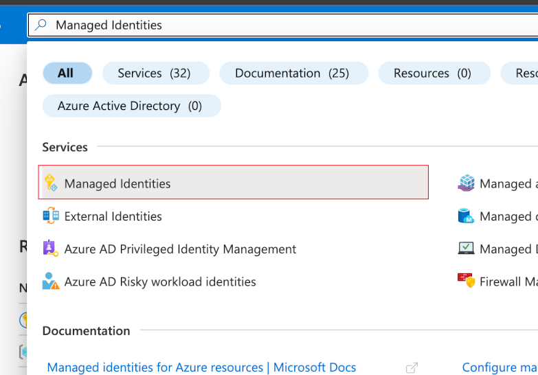 Screenshot of searching for managed identities in the portal.