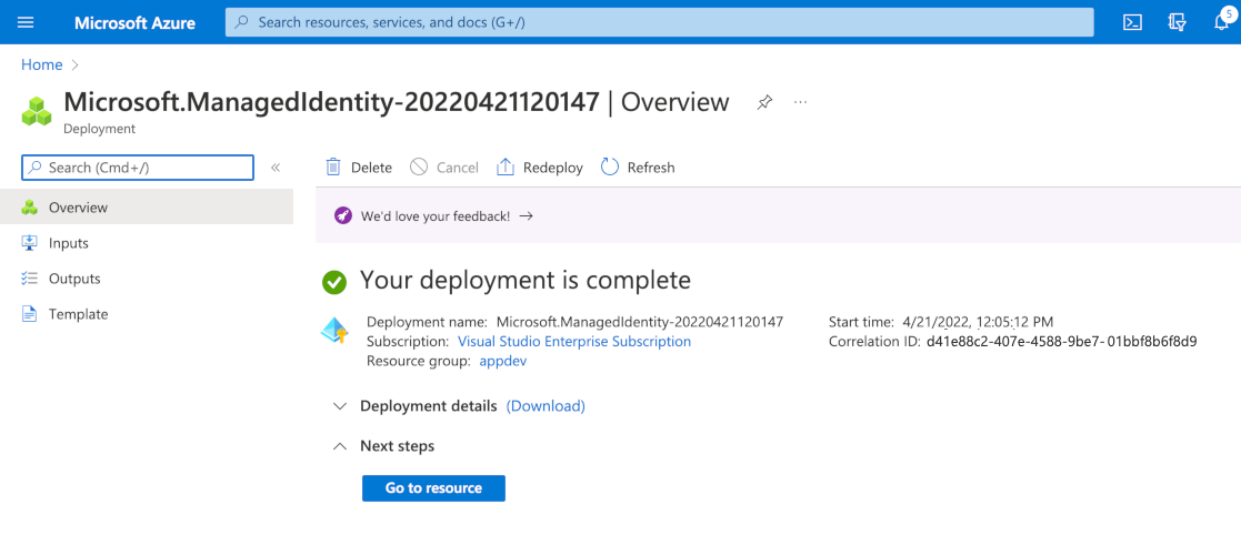 Screenshot showing a managed identity confirmation screen after creation in the portal.