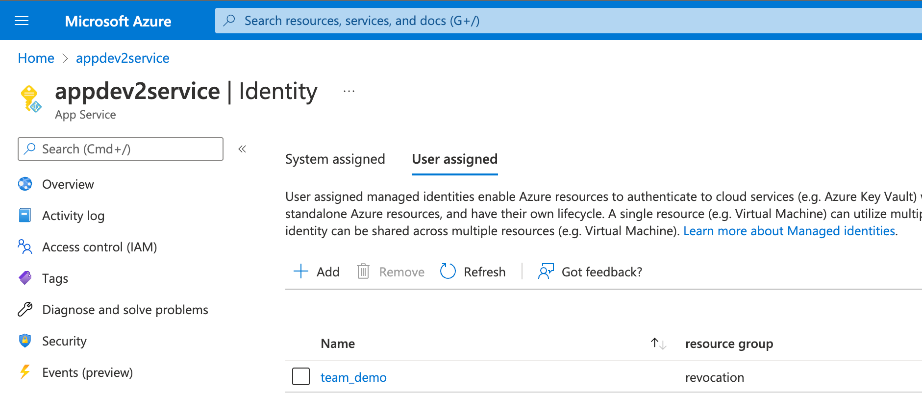 Screenshot showing a user-assigned identity has been associated with the Azure resource in the portal.