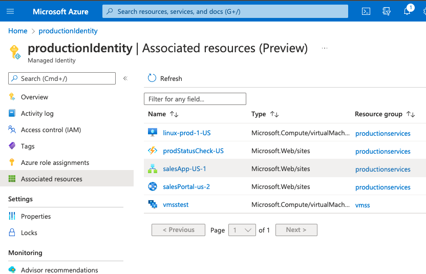 Screenshot showing a list of associated resources for a user-assigned managed identity.