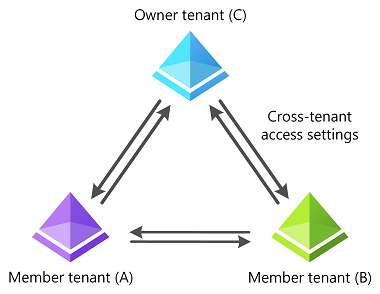 Diagram that shows a multi-tenant organization topology and cross-tenant access settings.