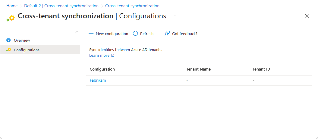 Screenshot that shows the Cross-tenant synchronization Configurations page and a new configuration.