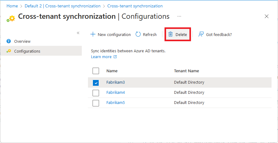 Screenshot of the Configurations page showing how to delete a configuration.