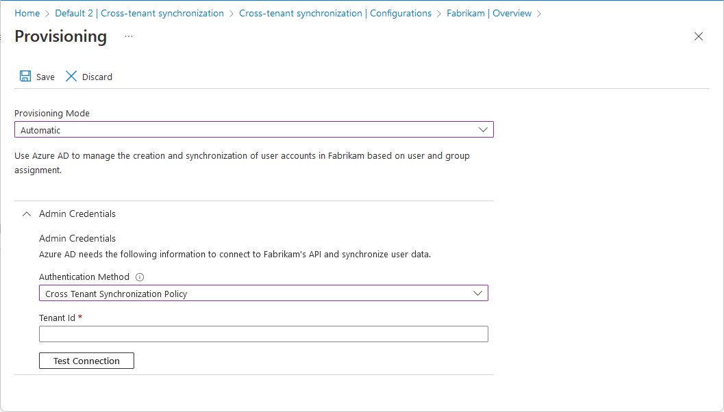Screenshot that shows the Provisioning page with the Cross Tenant Synchronization Policy selected.