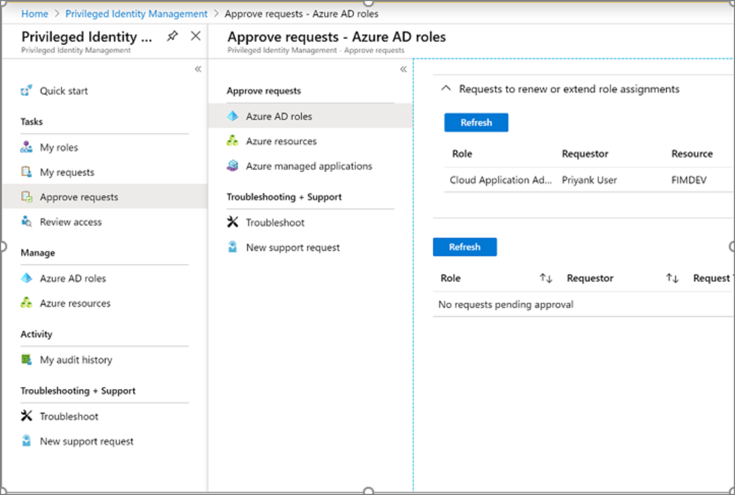 Screenshot showing the approve requests page showing request to review Microsoft Entra roles.