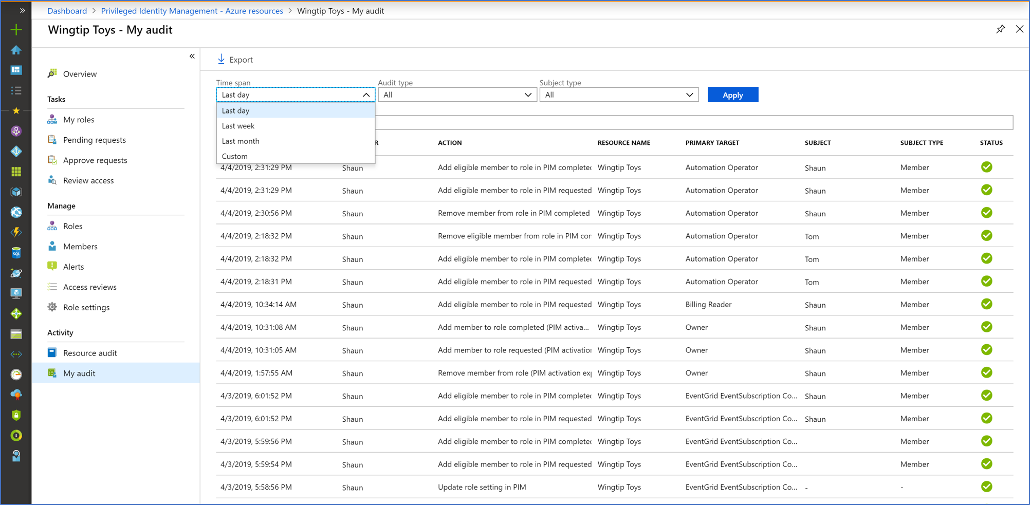 View audit log report for Azure AD roles in Azure AD PIM Microsoft