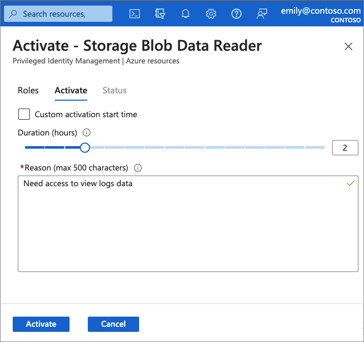 Screenshot of Privileged Identity Management role activation.