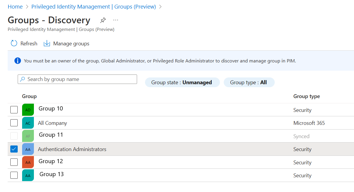 Screenshot of where to select a group that you want to bring under management with PIM.