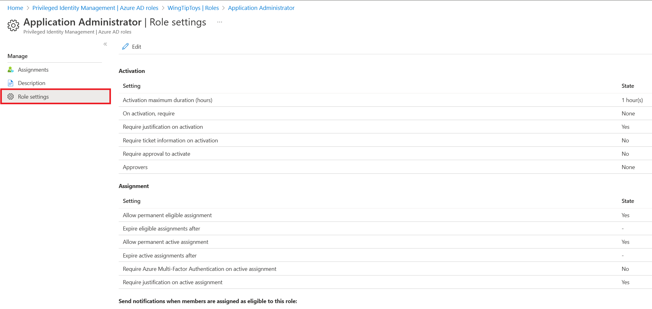 Screenshot of the role settings page with options to update assignment and activation settings.