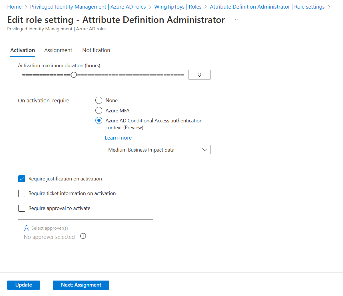 Screenshot of the Edit role setting Attribute Definition Administrator page.