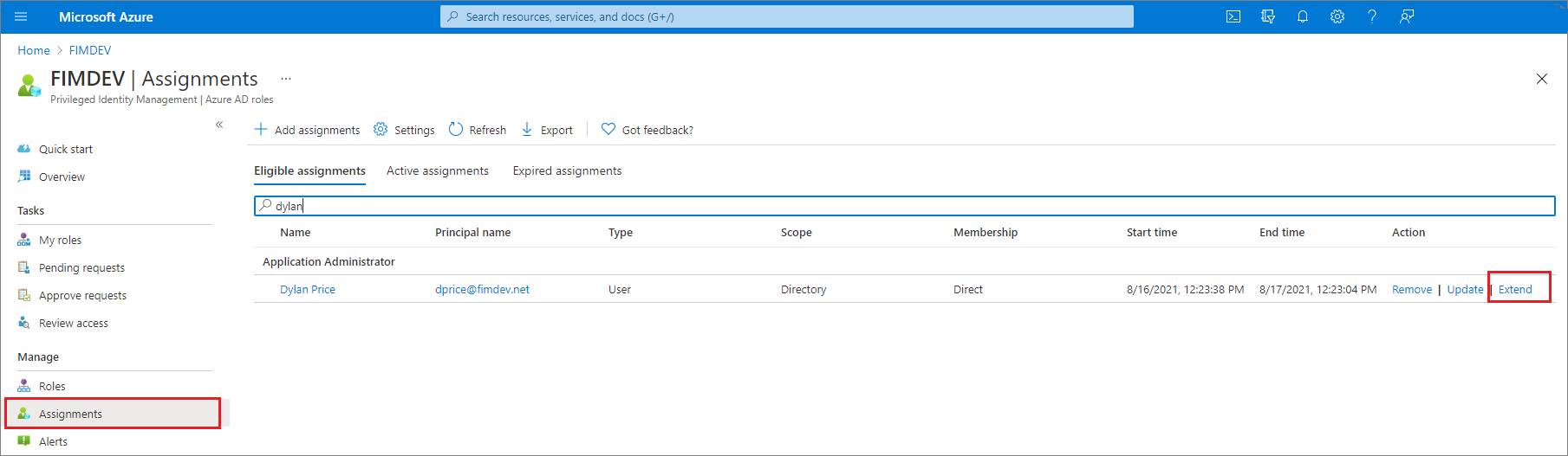 Azure AD Roles - Assignments page listing eligible roles with links to extend