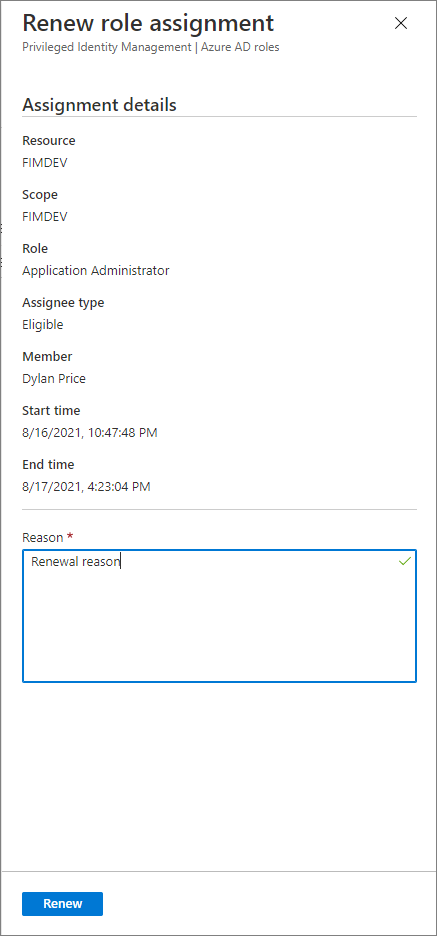 Renew role assignment pane showing Reason box