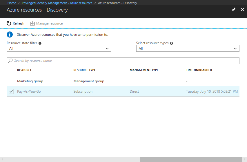 Discovery pane lists resources that can be managed, such as subscriptions and management groups