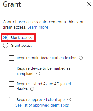 Screenshot showing access configuration with Block access selected.