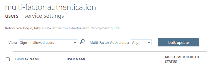 Screenshot showing multifactor authentication per user configuration.