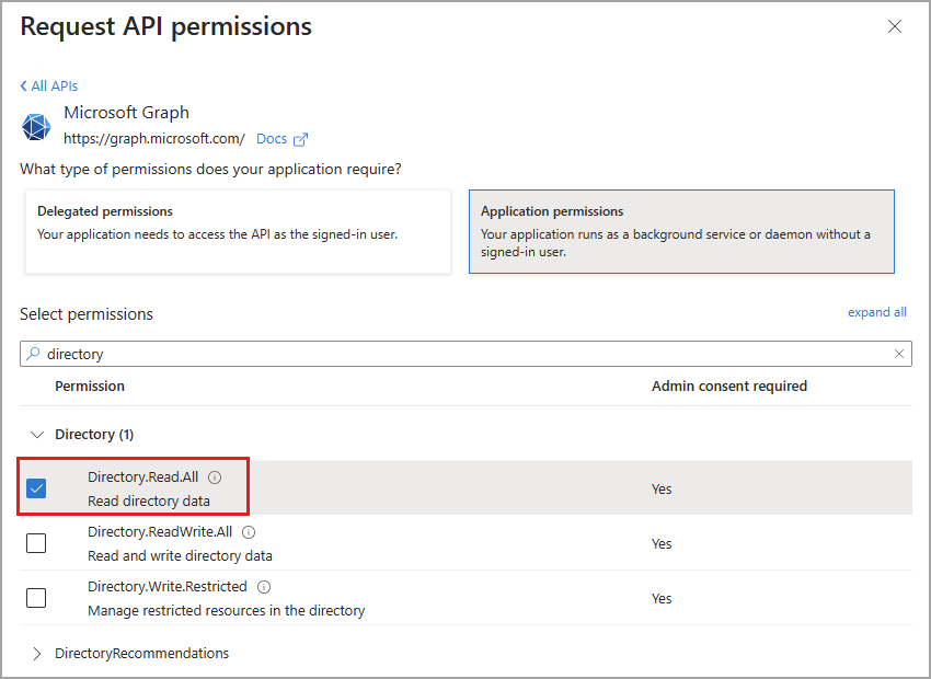Screenshot shows the Request API permissions page where you can select Application permissions.