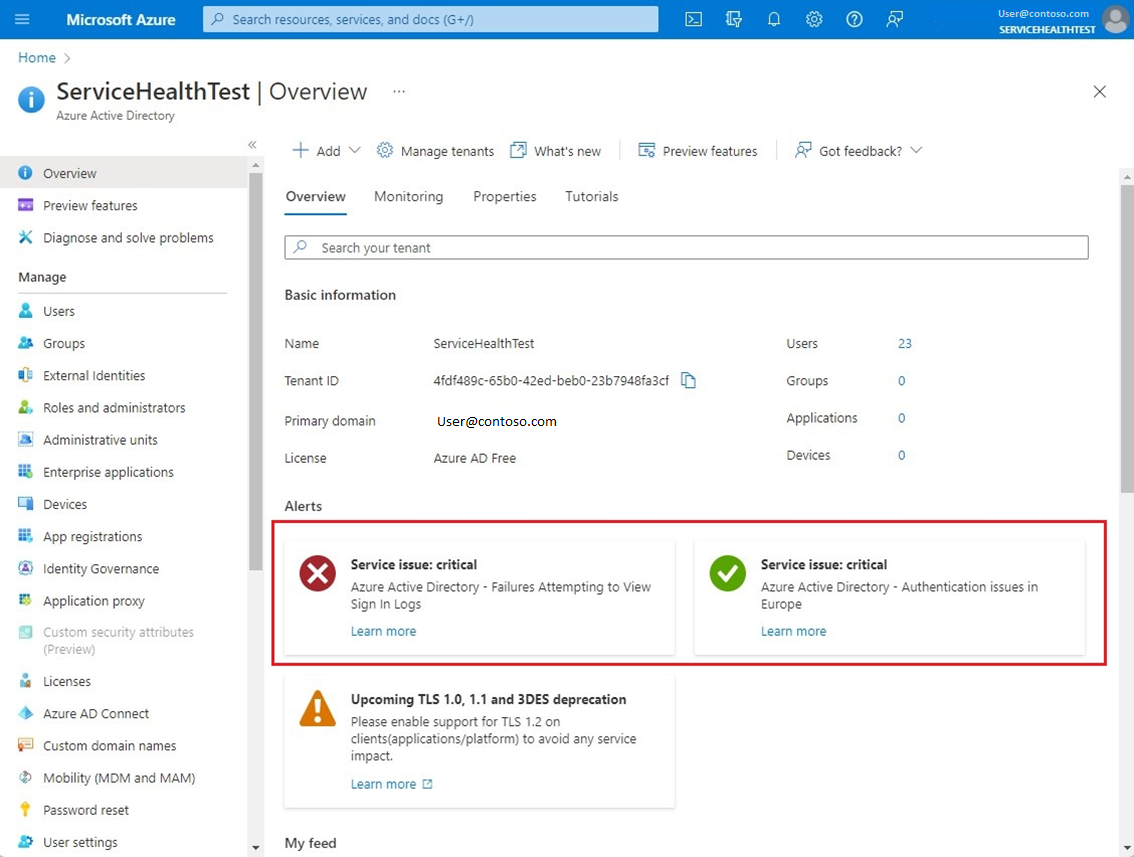 Screenshot of the alert cards on the Azure AD overview page.