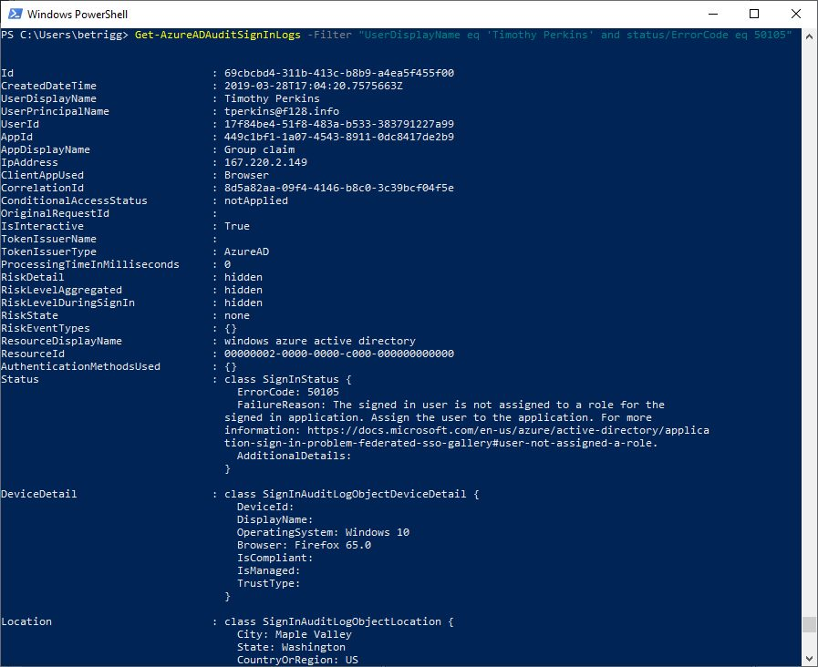 Screenshot shows the result of the Get-Azure A D Audit Sign In Logs command.