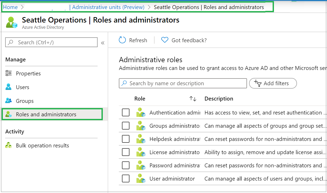 Screenshot of the "Role and administrators" pane for selecting an administrative unit whose role scope you want to assign.