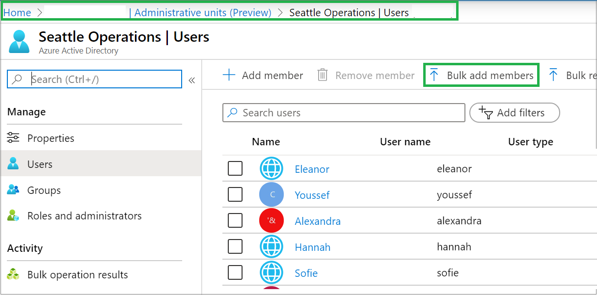 Screenshot of the Users page for assigning users to an administrative unit as a bulk operation.